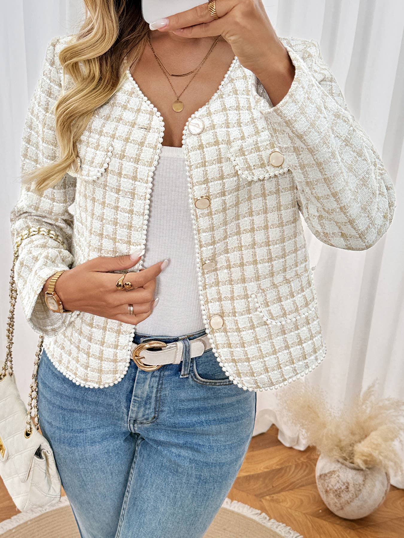 Beige Plaid Tweed Button-Up Jacket with Pearl Trim for wholesale on Faire3