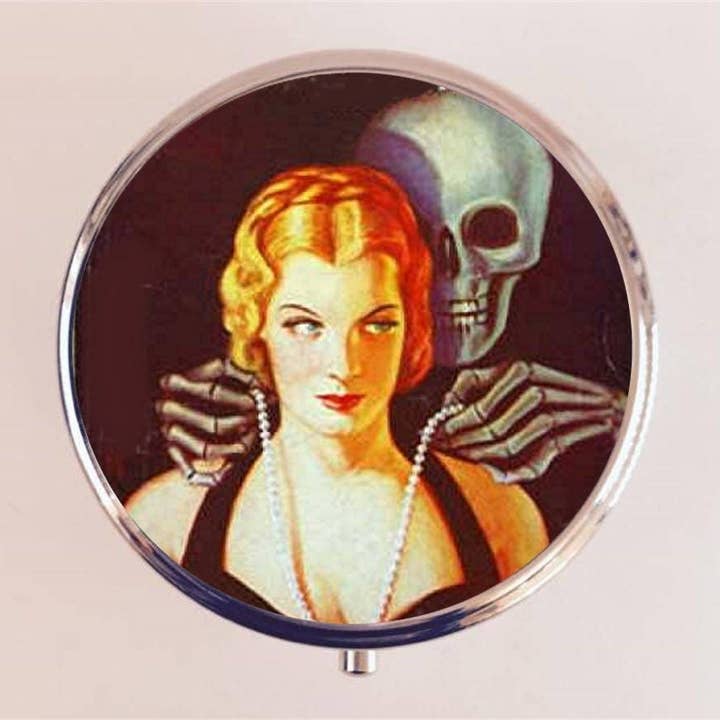 Pulp Fiction Skeleton Pill Box Case Pillbox Holder Trinket Stash Box Woman Macabre Art Deco Goth for wholesale by FringePop