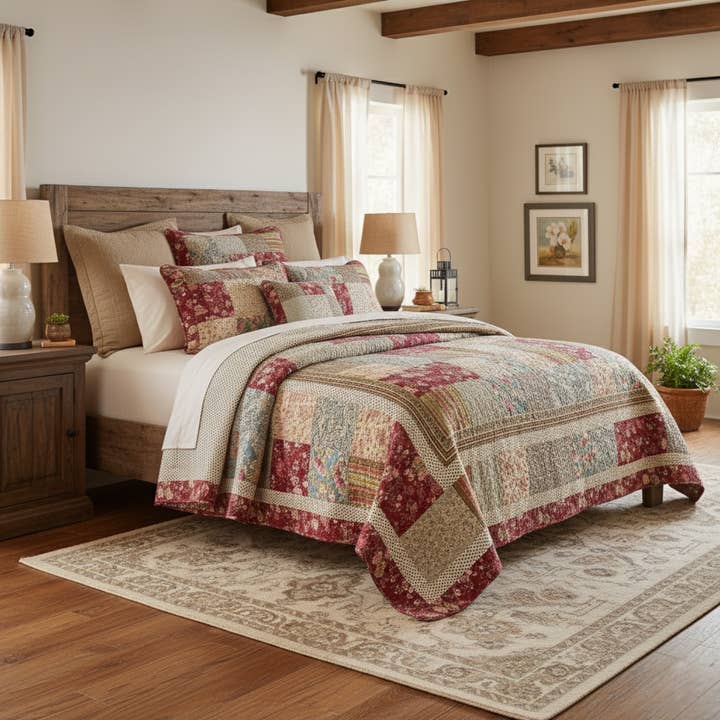 Tache Home Fashion - Wholesale Bedding Set - Tache Fairy Tale Tea Party Beige Burgundy Paisley Floral Cotton Patchwork Quilt Set (DXJ103443)1