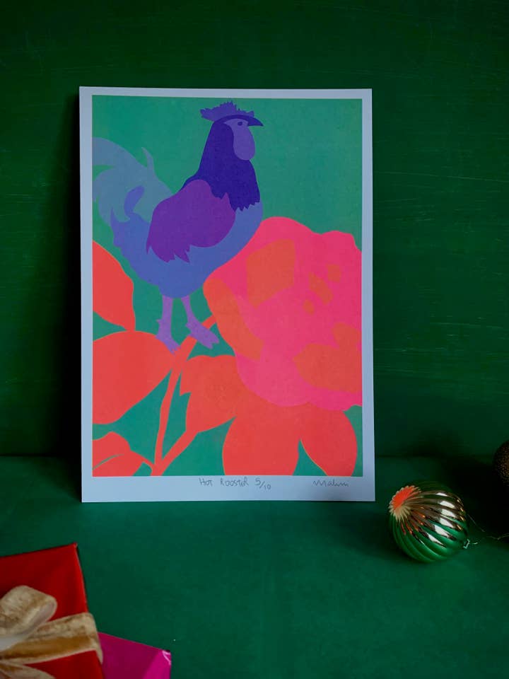 A4 hane-risograf med blomsterprint, Statement Print for engroshandel hos Mahin Hussain