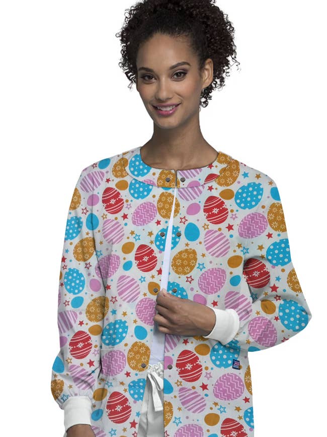 Chaqueta con estampado de huevos, 2 bolsillos, unisex, manga completa con ribete para venta al por mayor de Scrubandmore