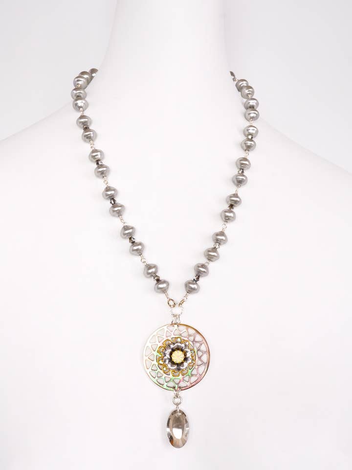 Mother Mandala Vintage Glass & Mother Of Pearl Necklace for wholesale by A Silk Purse