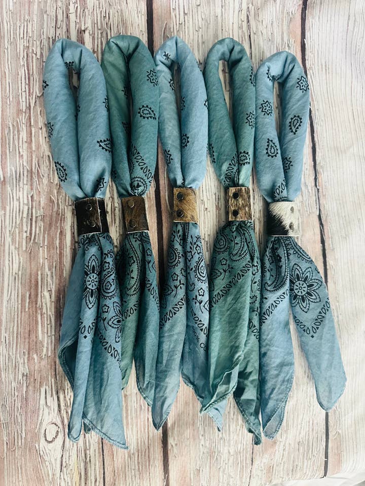 Teal Hues Hand Dyed Bandanas With Leather Slides for wholesale by Boots Are My Roots