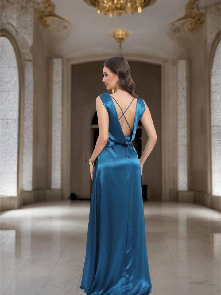 Lucas & Emma - Sarl RJ & co - Wholesale Gown - Women's - Satin maxi dress for ceremony with draped neckline and open back3