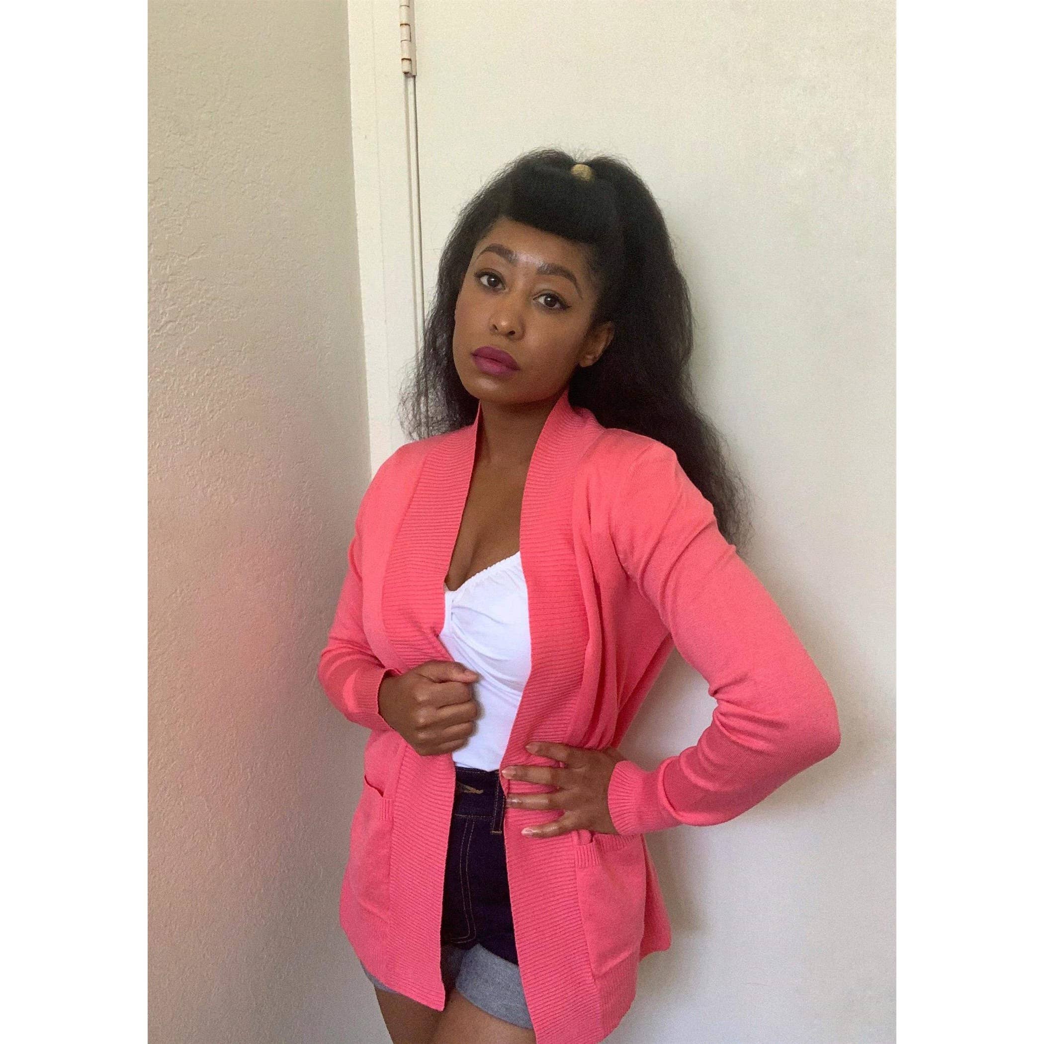 Mak - Wholesale Cardigan - Women's - Long Sleeve Open Front Knit Shrug w/ Pocket Cardigan MK8558Y11