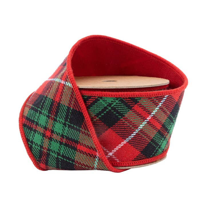 LA Ribbons Wholesale - Wholesale Ribbon - Gift Wrapping - Varsity Plaid Red/Green Wired Ribbon Dupioni Back 10yd0