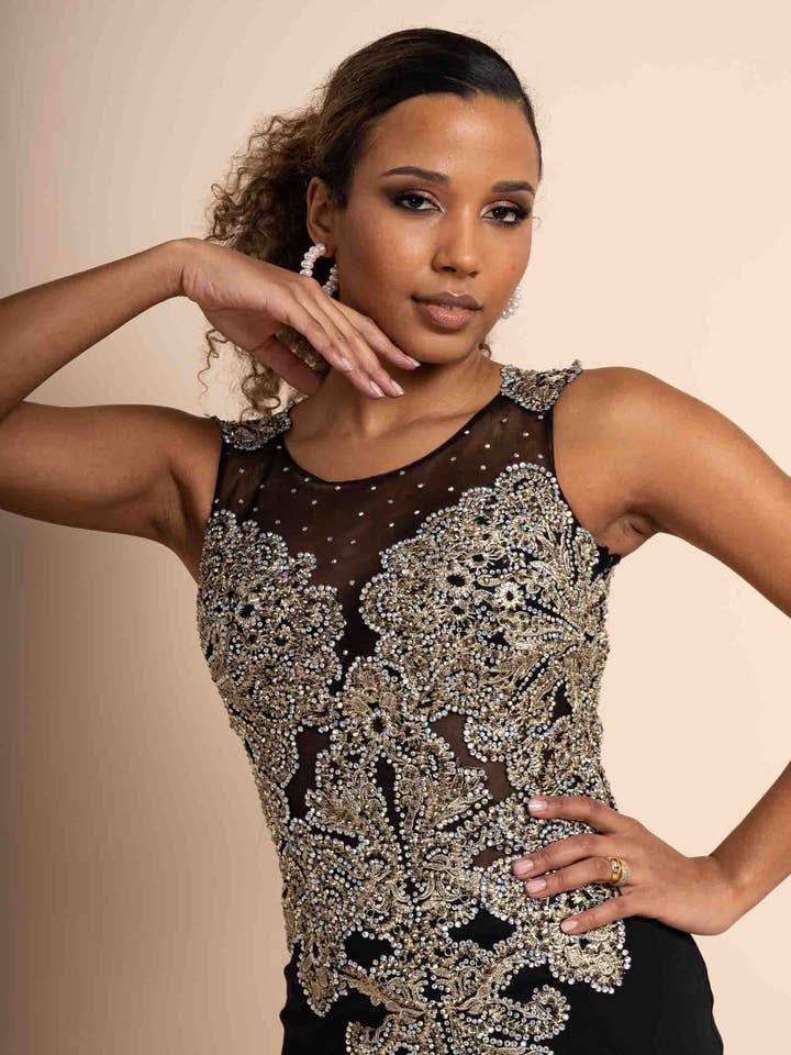 Black sheath cocktail dress embellished with rhinestones for wholesale by Promarried