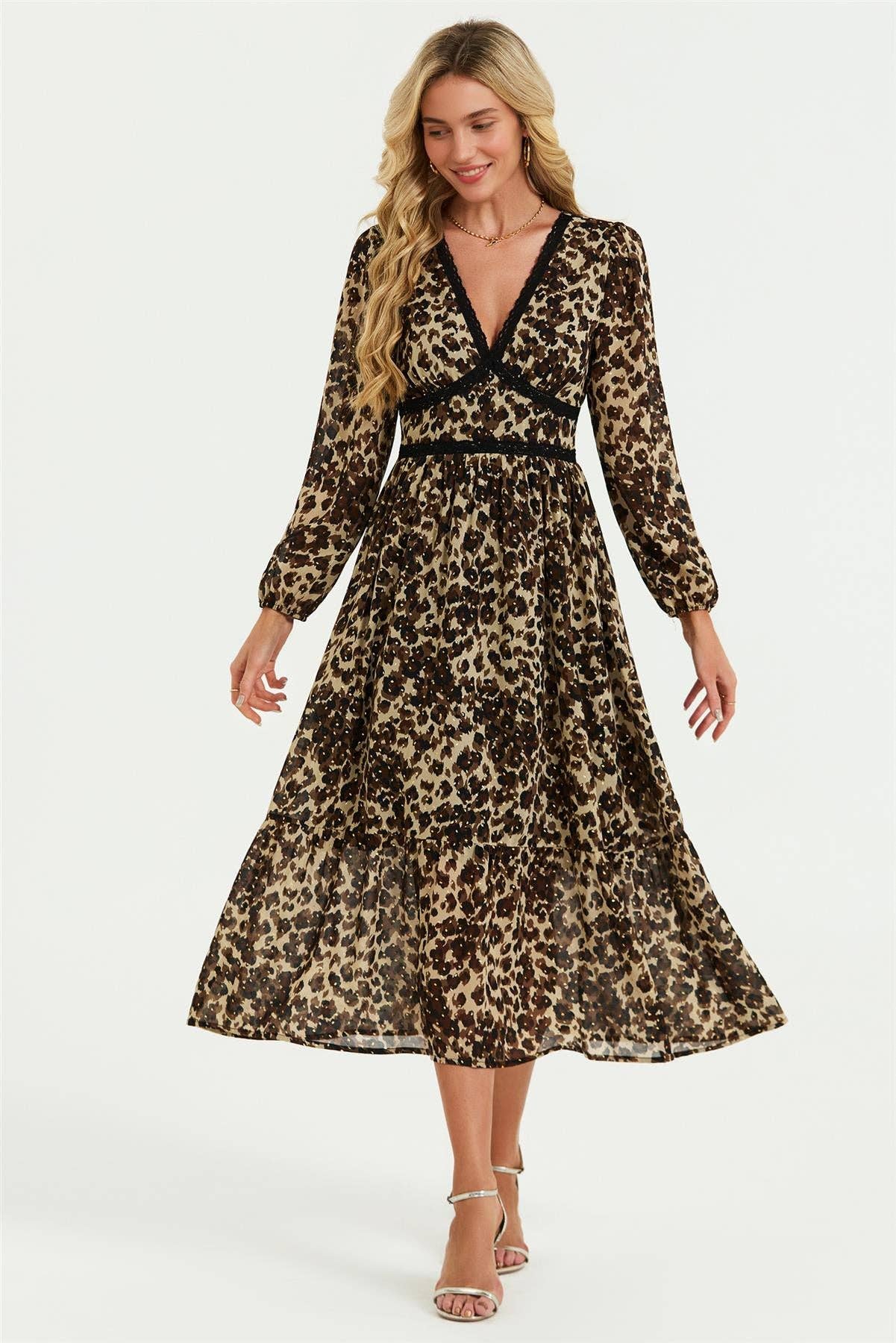 Leopard Print Foil Lace Trim Long Sleeve Maxi Dress In Brown for wholesale on Faire3