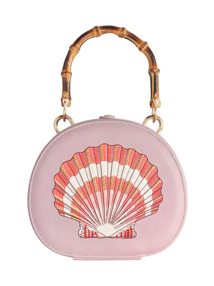 Embroidered Shell Lilac Bamboo Top Handle Bag for wholesale by Fable England