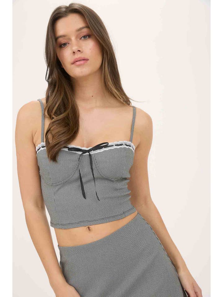 The Workshop Studio – wholesale Blouse – Women’s – PLAID LACE TRIM FRONT TIE SPAGHETTI STRAP CROP TOP4