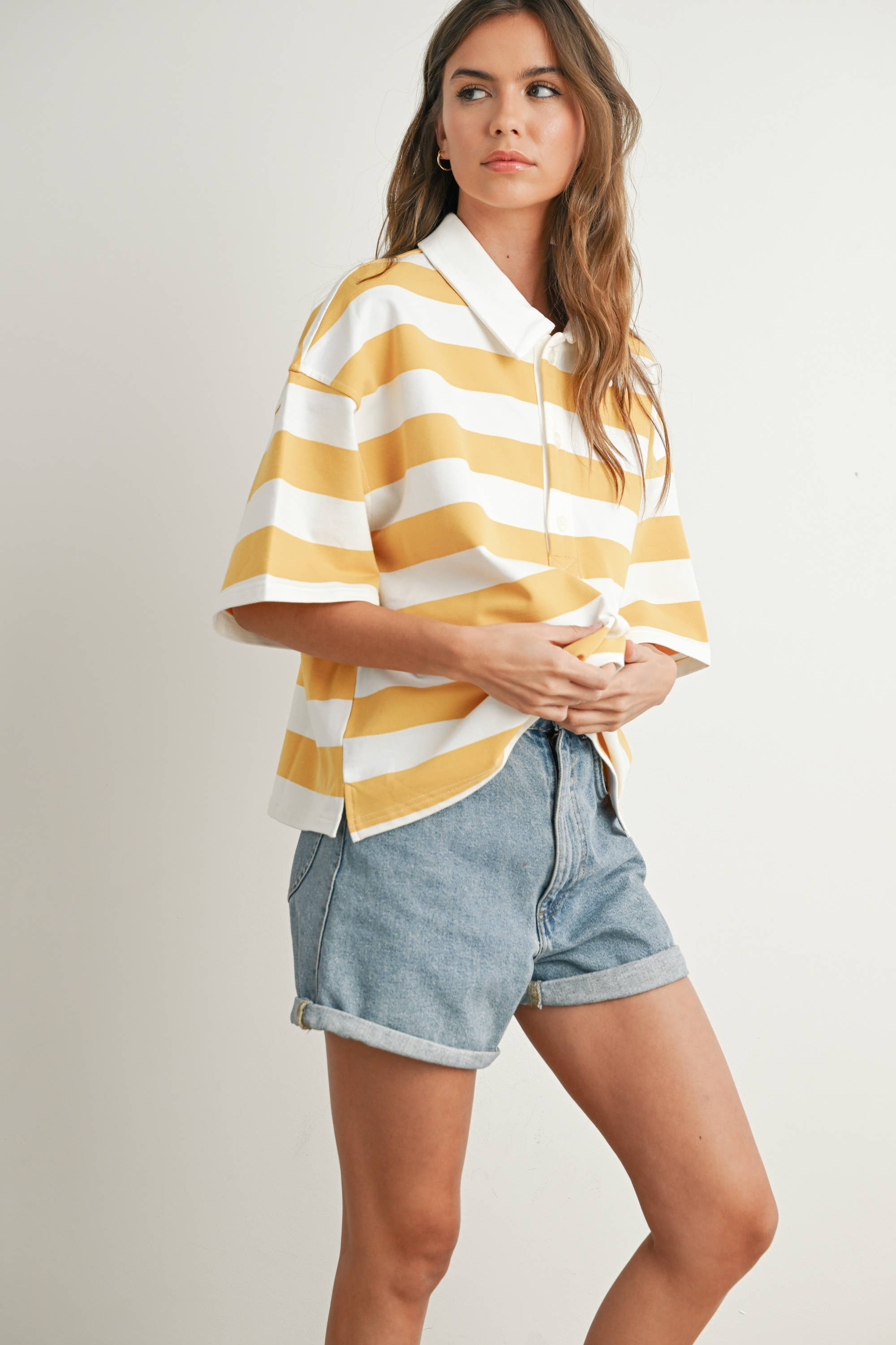 BUTTERMELON - Wholesale Polo - Women's - Striped Oversized Polo Shirt - BMT771021
