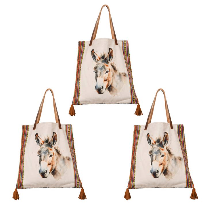 3ABTB23429_ORNTÂ Set/3 DONKEY TOTE BAG W/PU HND 19X20 for wholesale by Karma Living