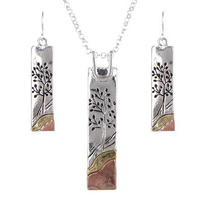 0011 PREMIERE - Wholesale Jewellery set - FR3651 Antique Silver Tree of Life 3-Tone Necklace Set0