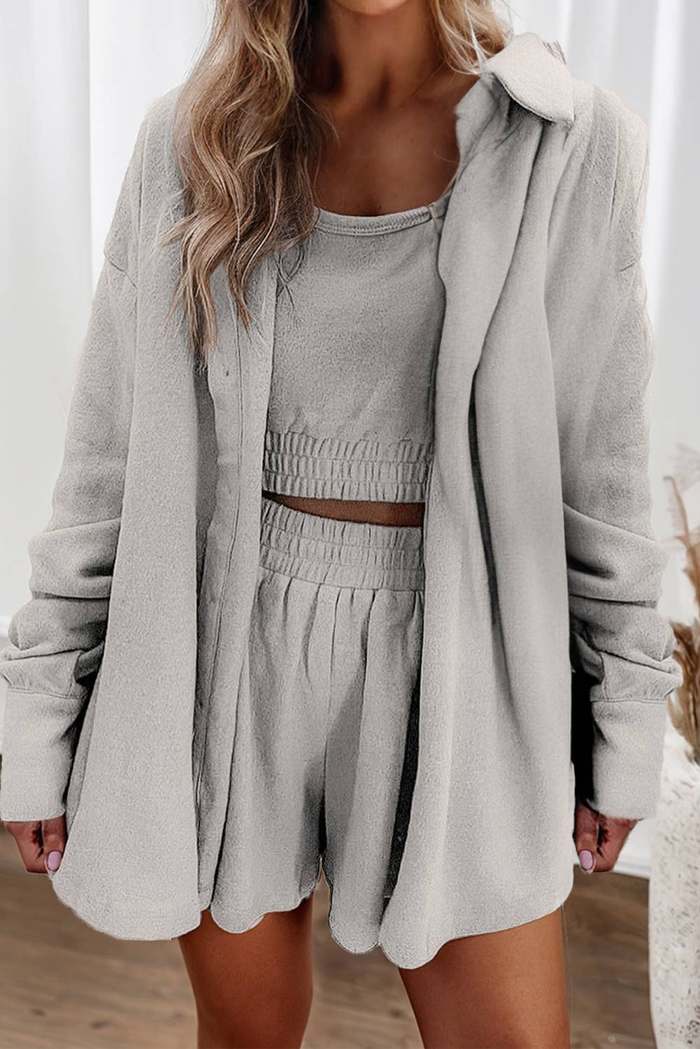 Little Daisy Closet - Wholesale Lounge Set - Women's -  LDC 3 Pcs Crop Tank Top Shorts with Cardigan Lounge Set3