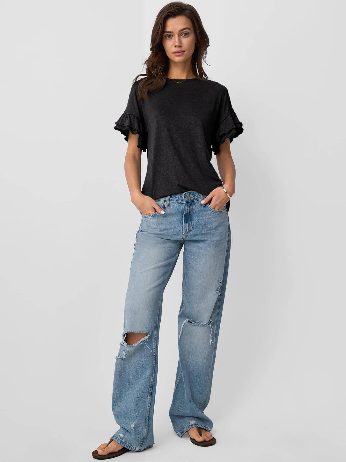 Suhkasana - Vendita all'ingrosso Maglietta - Donna - Maglietta da donna con maniche a volant e scollo tondo – Top estivo casual a tinta unita16