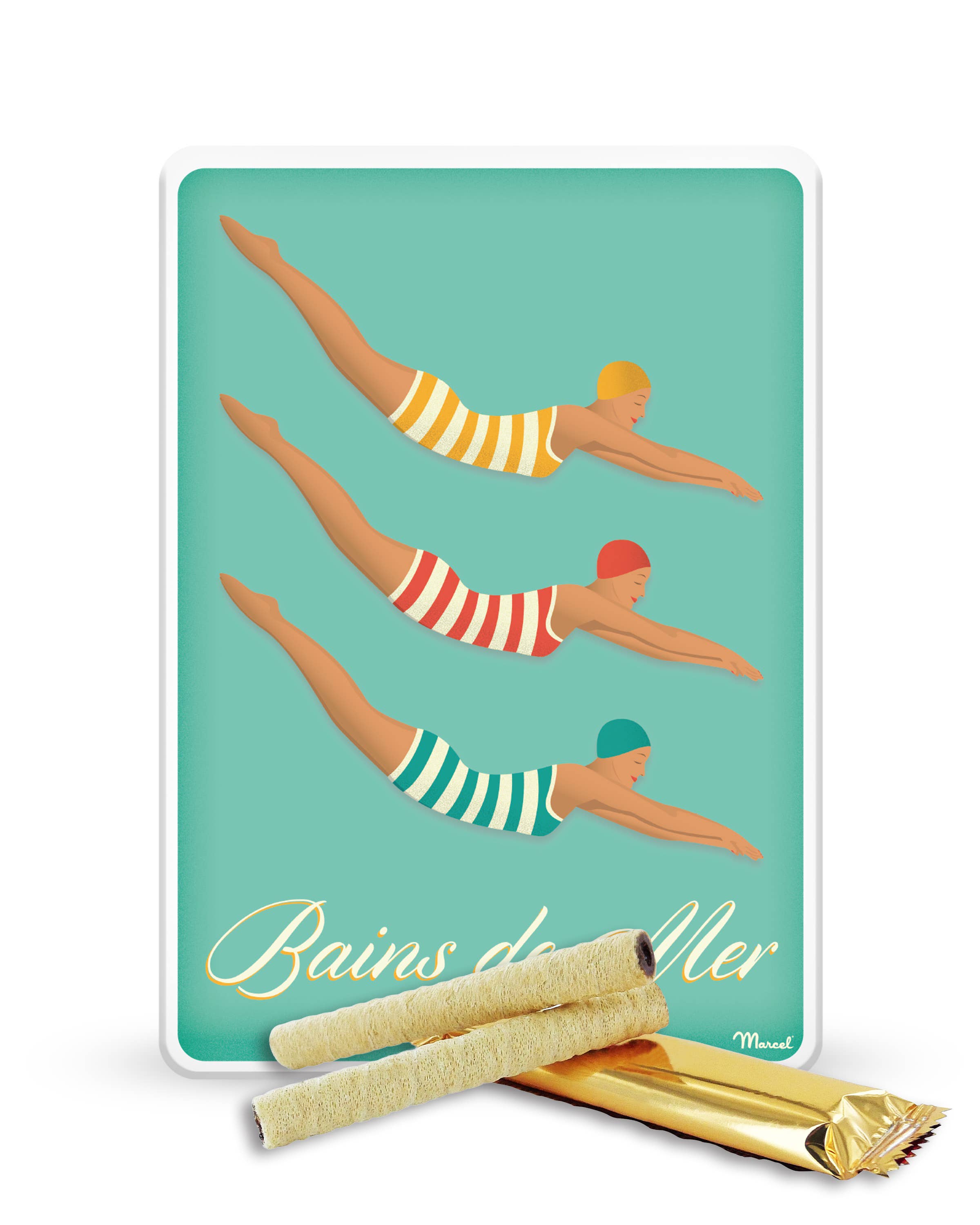 Sacré Marcel – Großhandel Schokoladenschachtel – Metalldose „Meeresbäder“ mit sechs Schokoladen-Blätterteigstangen0