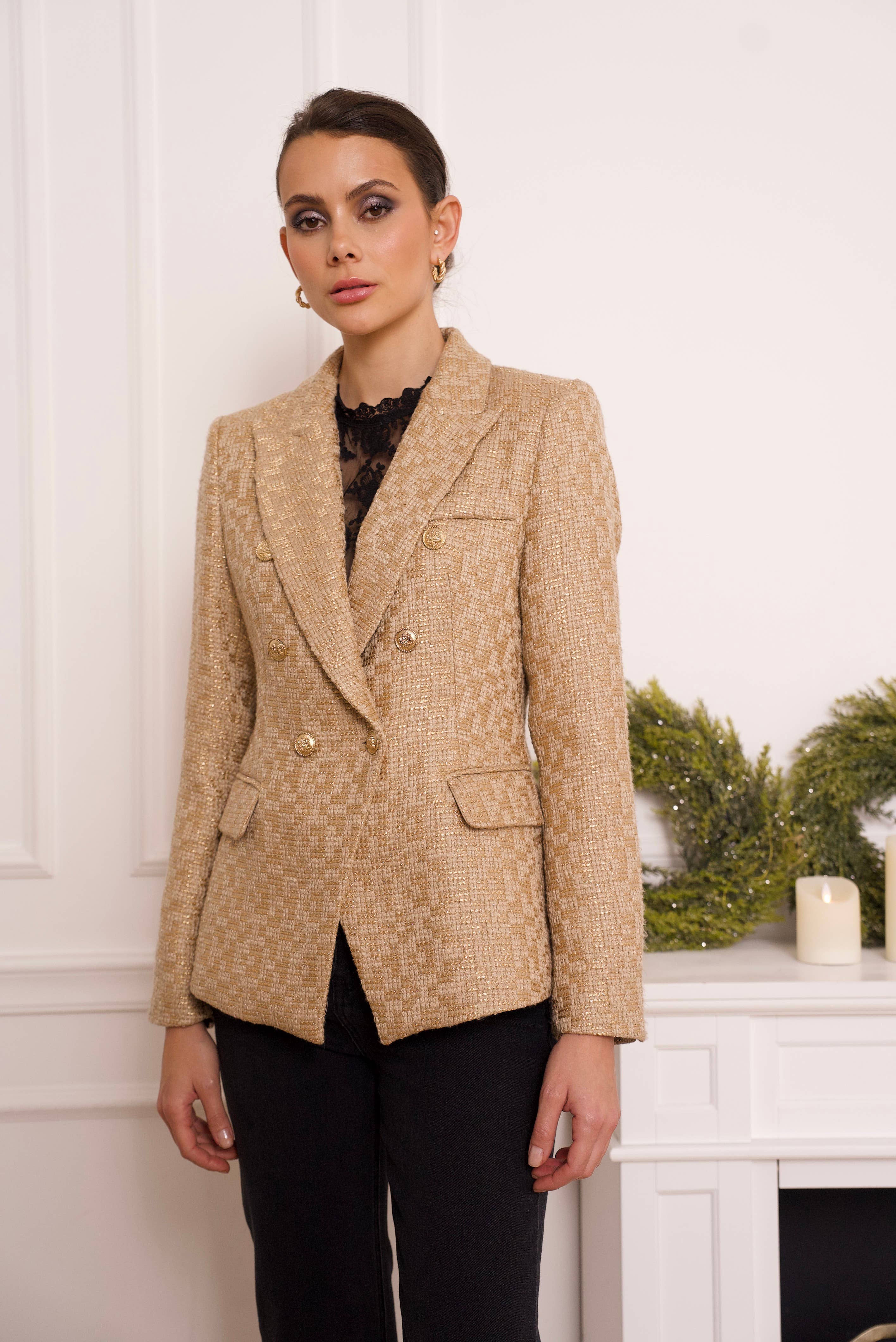 Attentif Paris – Großhandel Blazer – Damen – Schmal geschnittenes Tweed-Blazer-Jackett mit goldenen Streifen19