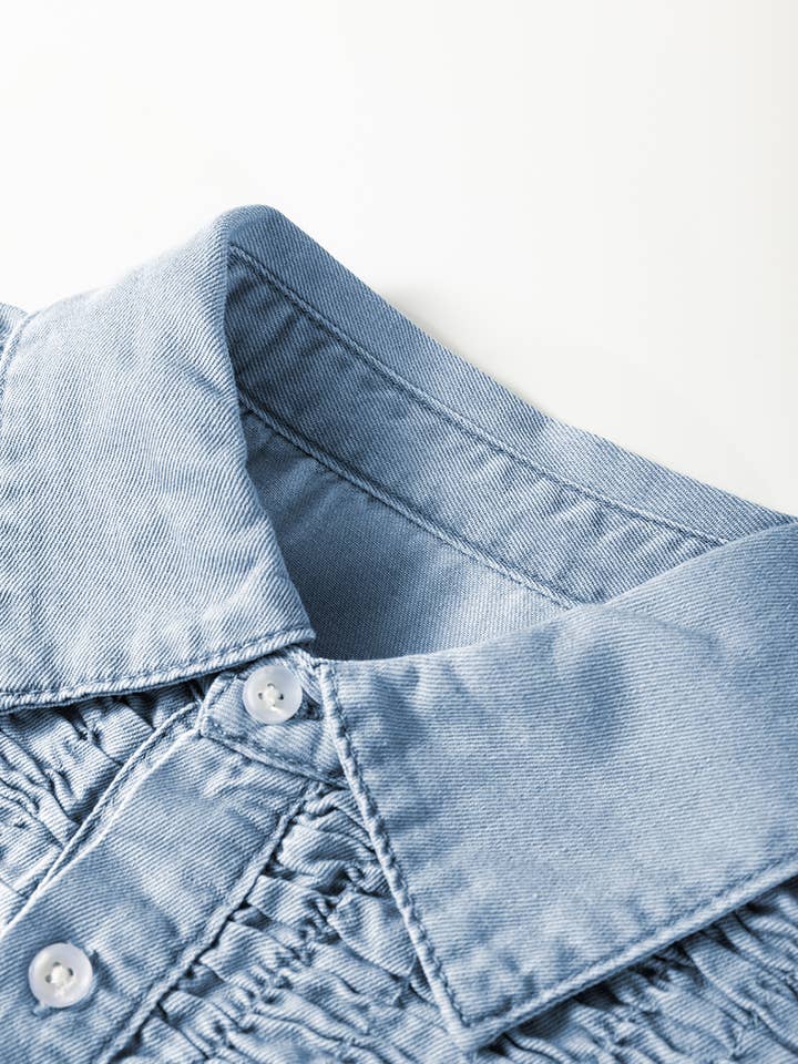 Blue Flutter Sleeve Shirred Detail Button Up Denim Mini Dress for wholesale on Faire7