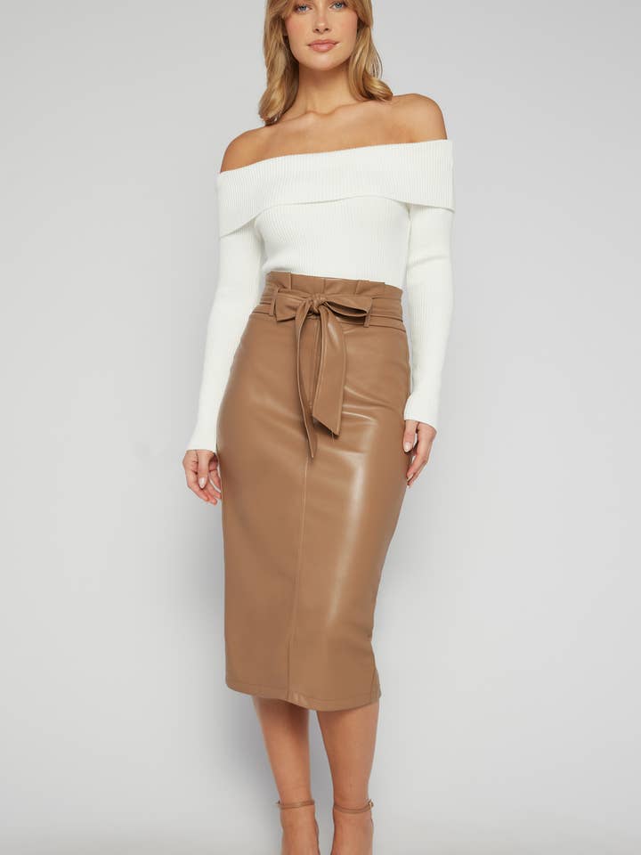 Saia MIDI de couro sintético com cintura paperbag por atacado de Style State Wholesale