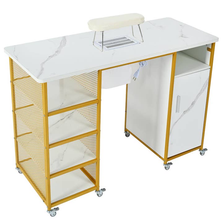 Orange County Decor - Wholesale Cabinet - Manicure Table, Marbling Texture Nail Table With Electric Downdraft Vent,Wrist Cushion, Lockable Wheels, Storage Layers & Cabinet,White Gold White Modern Mdf Mdf Metal