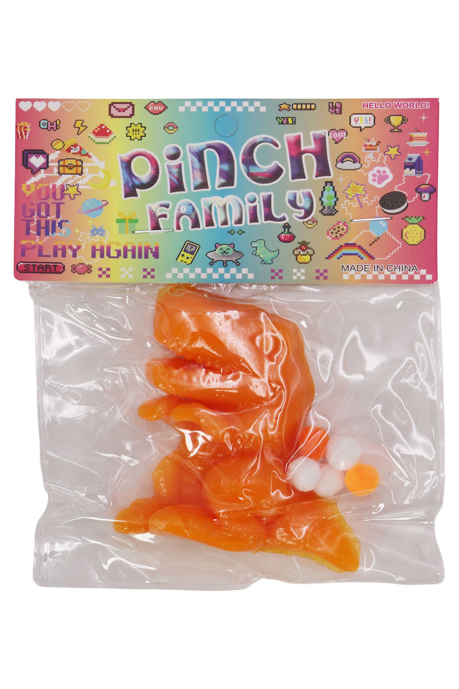 ASSORTED T-rex Dinosaur Sticky Mochi Pom Pom Squishy Bag for wholesale on Faire8