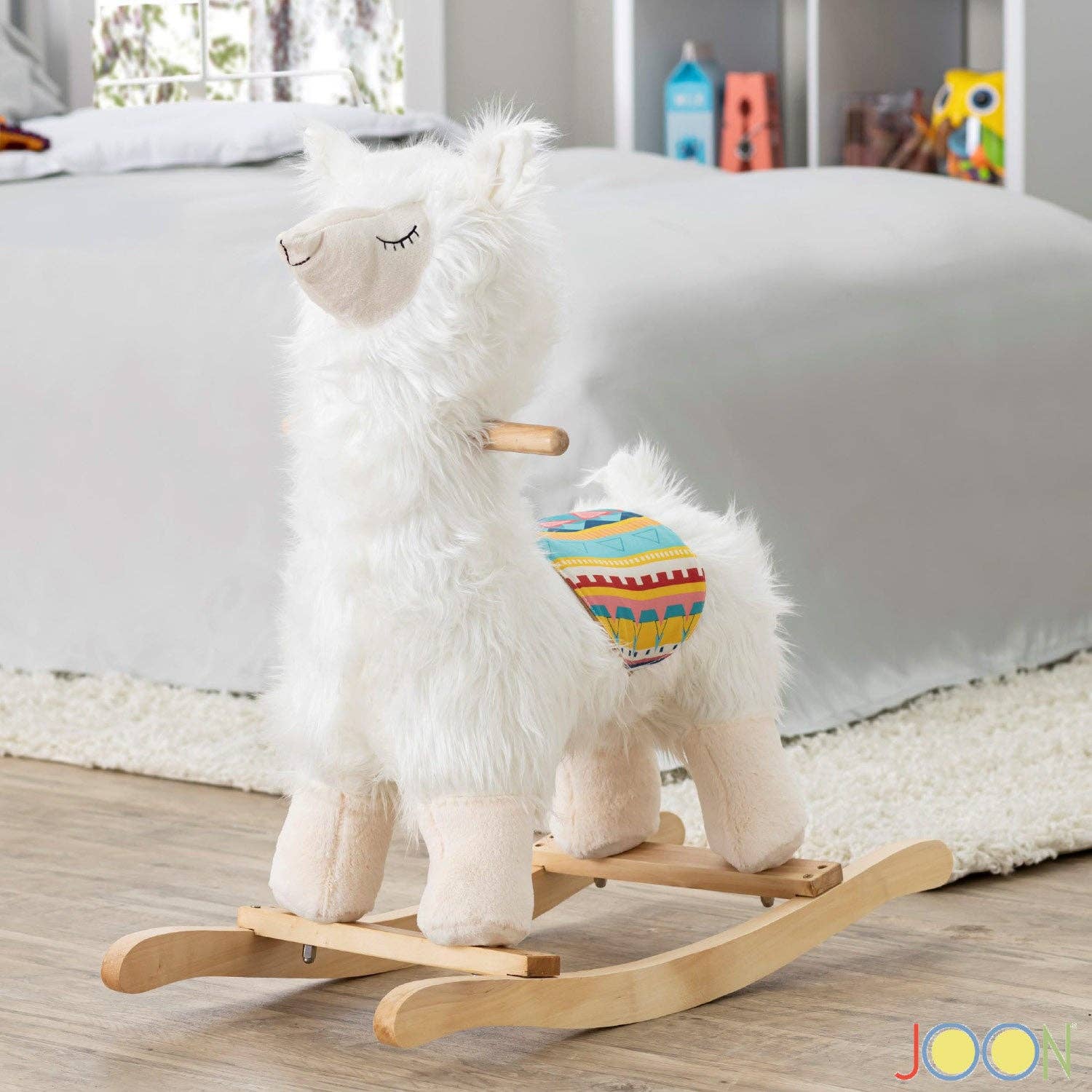 ShopBobbys - Wholesale Rocking Horse - Kids - JOON Lola Shaggy Hair Ride-On Llama Rocking Horse With Sound Effects, White4