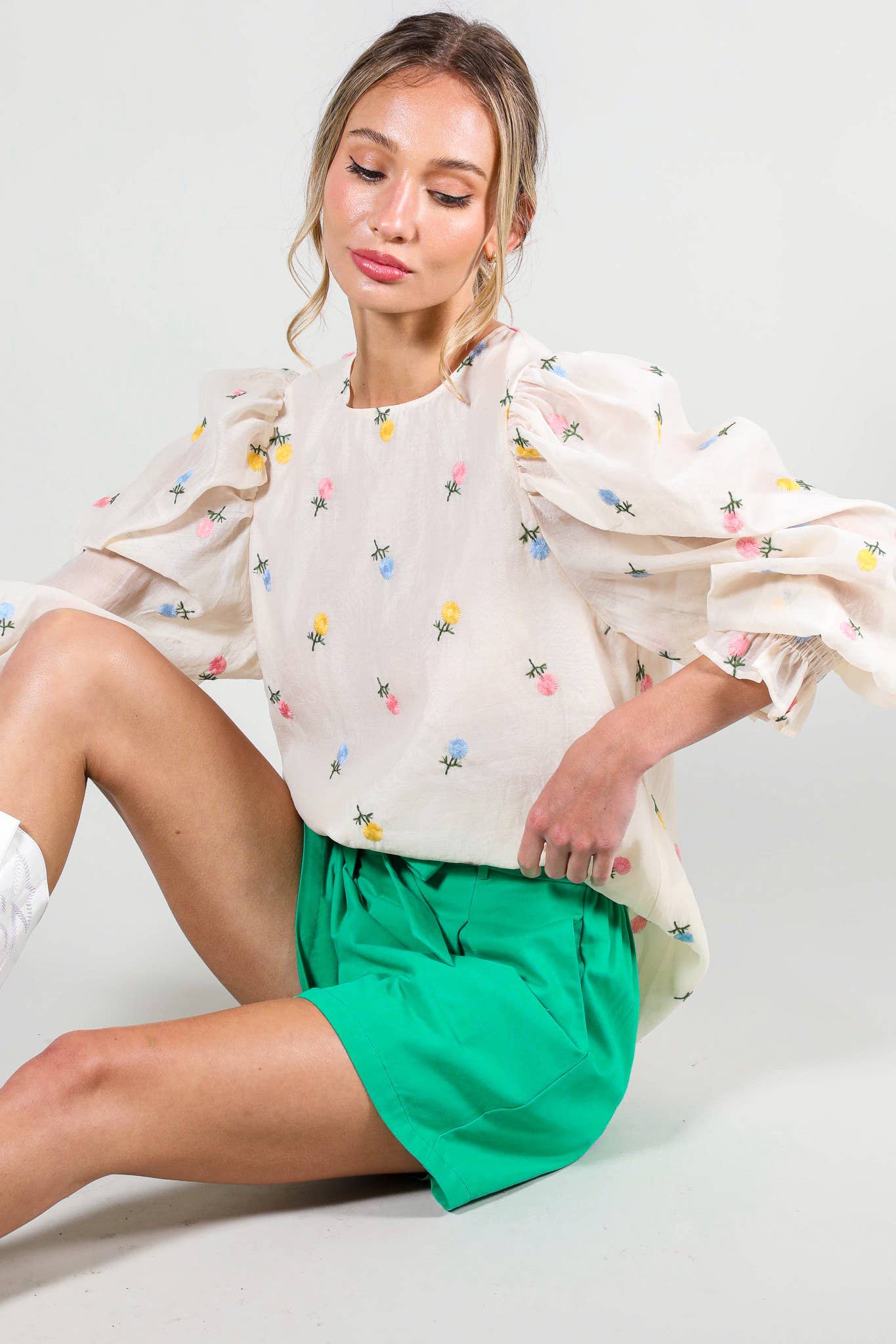 Vine & Love - Wholesale Blouse - Women's - Embroidered Long Puff Organza Blouse Top VT60375A13