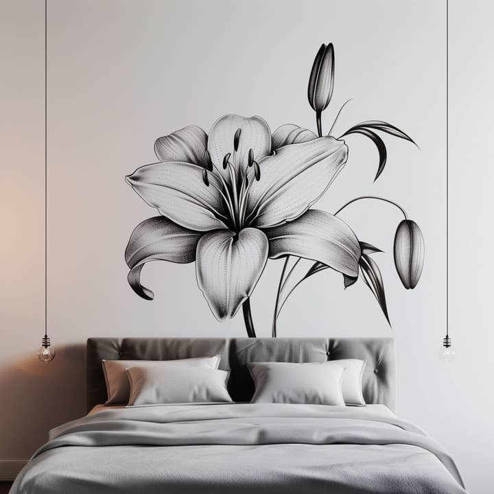 Vinilo de pared clásico "Lirio en flor" en blanco y negro - Elegante decoración mural floral para dormitorio para venta al por mayor de Decords