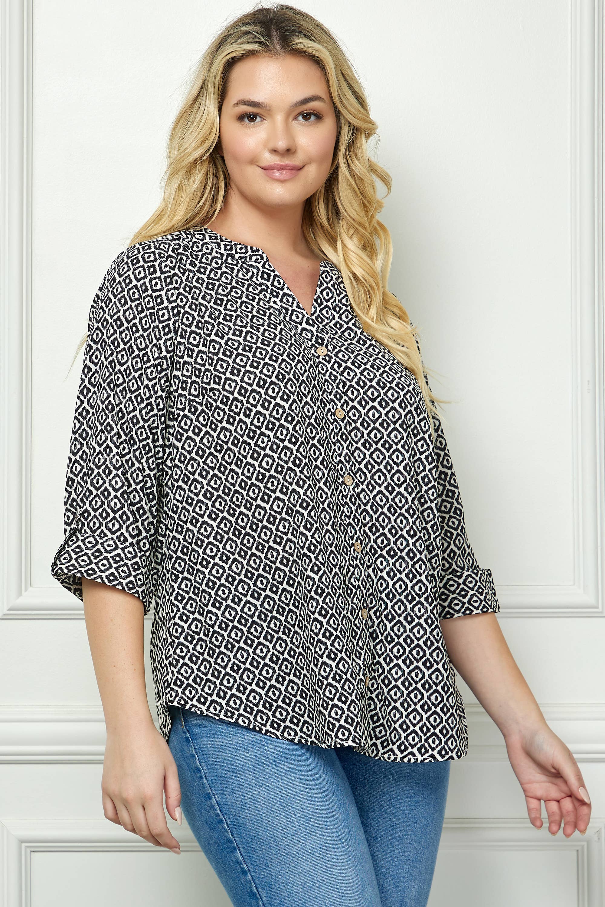 Ivory Black PLUS SIZE MANDARIN COLLAR  PLAKET  BLOUSE for wholesale on Faire2