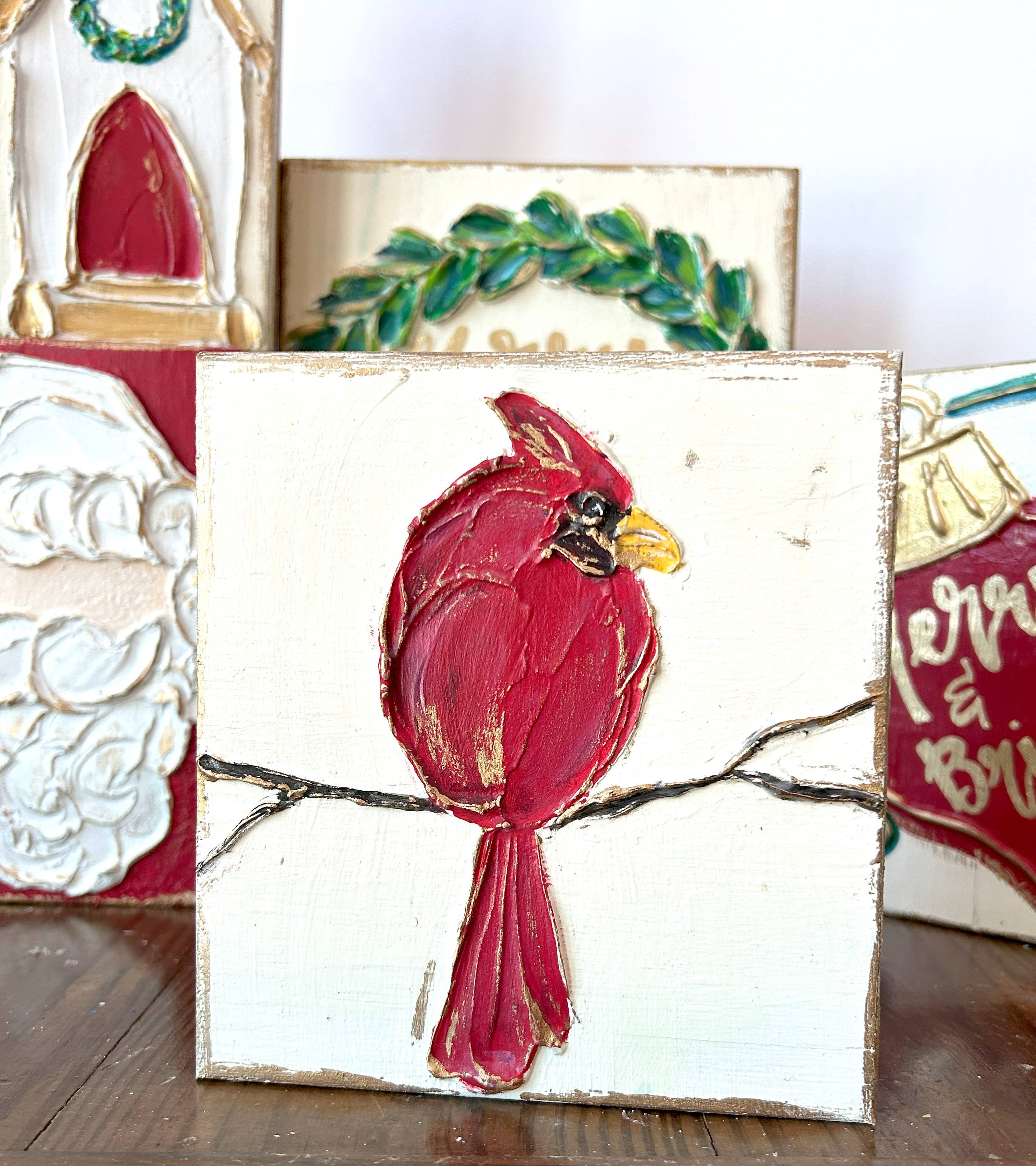 Coddiwomple – Großhandel Malen/Zeichnen – Cardinal Red Bird 5x5 handgefertigter, strukturierter Holzblock1