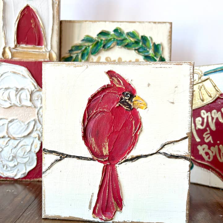 Coddiwomple - Wholesale Painting/drawing - Cardinal red bird 5x5 handmade, textured wood block1