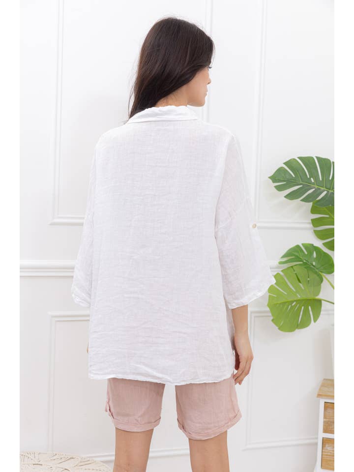 Happy look – Camisa com botões no colarinho – Mulher por atacado – Camisa folgada de linho com mangas dobráveis14