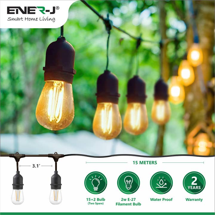 Kit de guirlande lumineuse à filament LED Ener-J 48 pieds, 15 ampoules LED vintage de 2W, étanche IP65 pour la vente par ENER-J