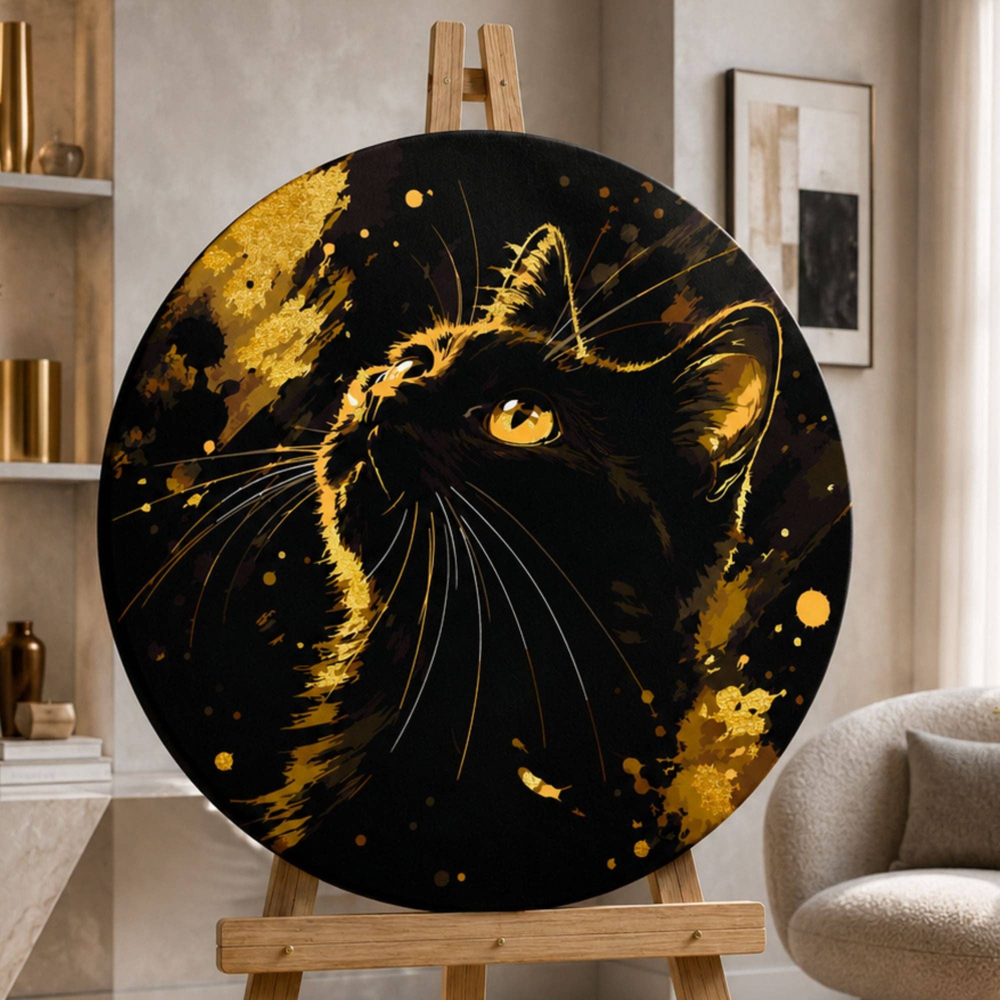 Peinture ronde par numéros Ø45 cm Animaux. Chat noir avec peintures métalliques OR 2037 et autres tendances Dosette malongo en vente B2B pour votre magasin sur Faire.