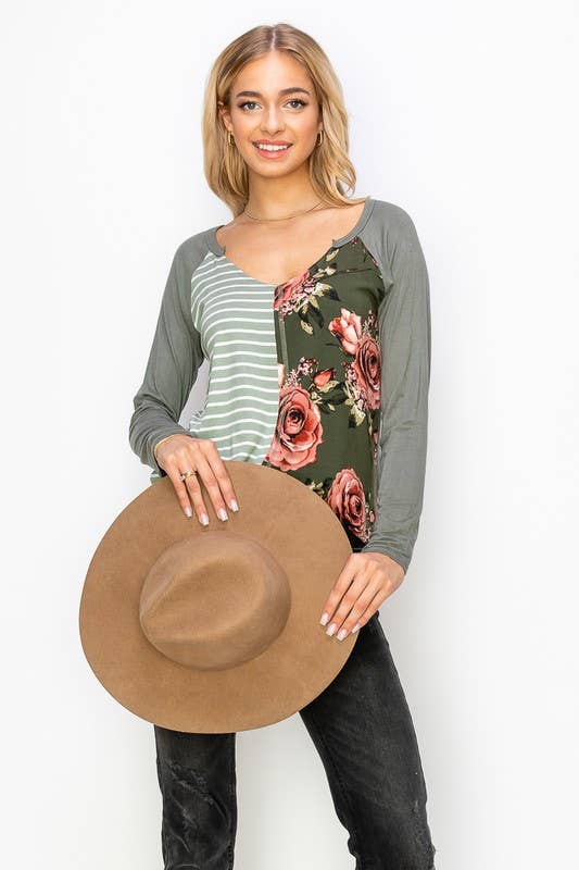 A.gain - Wholesale Tunic - Women's - 10759L296 - STRIPE AND FLORAL PRINT COLOR BLOCK TOP10