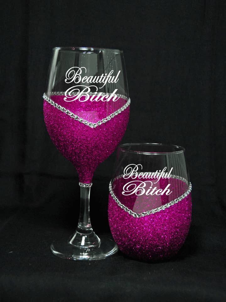 Beautiful Bitch – Bling Glitter Glass Wine Glass (The Bitch Collection) for wholesale by WineyBitches.Co