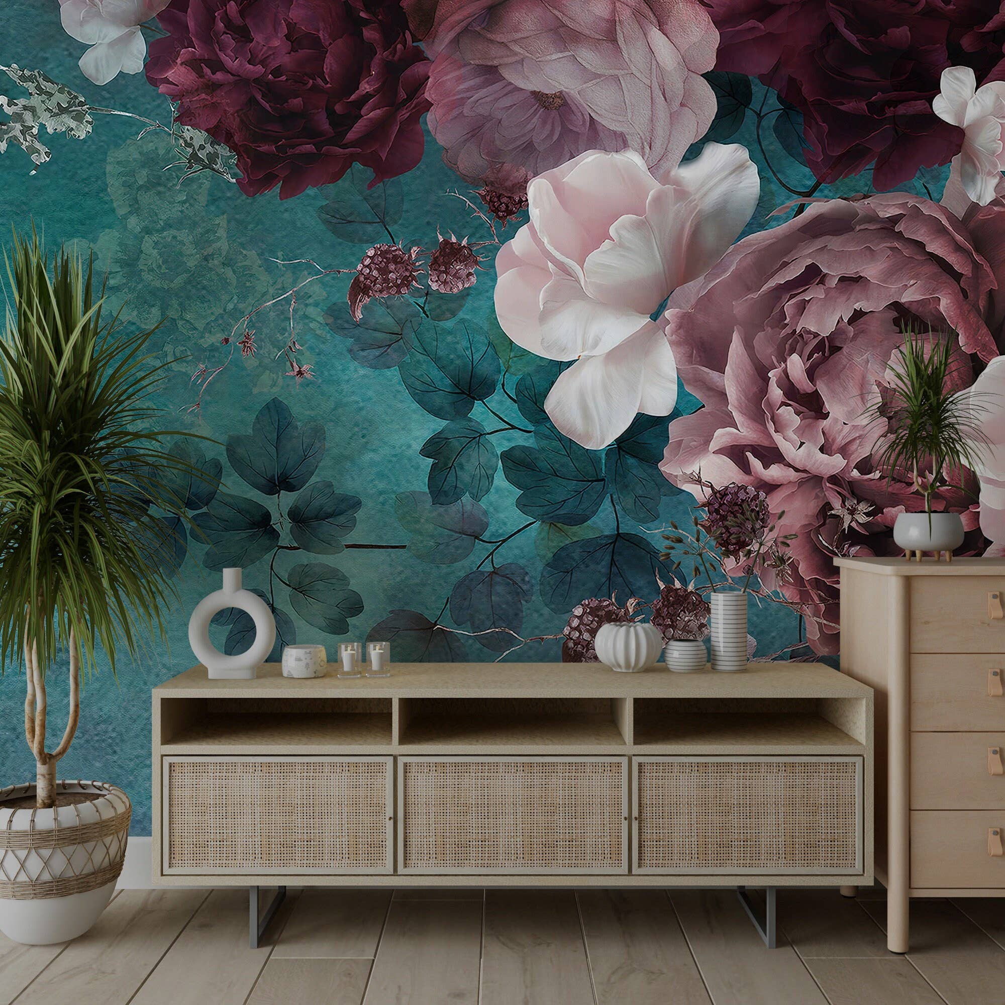 Muravie Wallposter - Vente Papier peint - Papier peint à thème de grandes roses et bleu - Fresque murale de fleurs pour le salon0