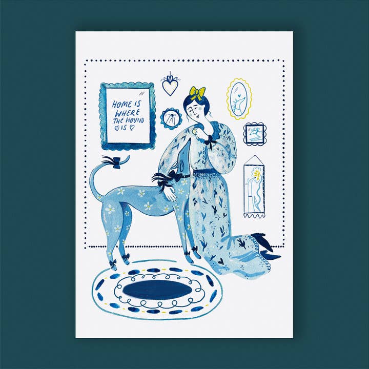 Home Is Where The Hound Is, A4 Giclée Print for wholesale by Bryony Moss Illustration