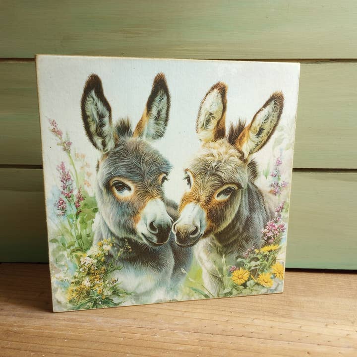 Spring Barnyard Wood Block Sign - Donkey - Andy & Addy for wholesale by Bluegrass Burlap Co