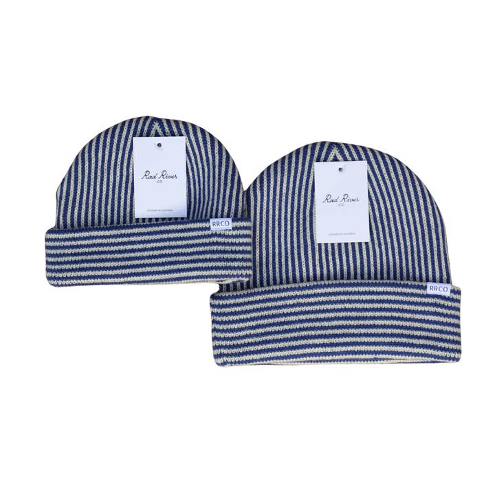 Blue Striped Beanie for wholesale by RAD RIVER CO.