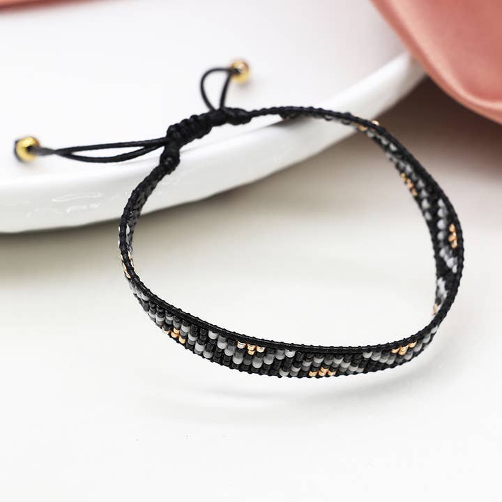 Adjustable Woven Black Mix Fine Zig-Zag Beaded Bracelet for wholesale by Peace Of Mind
