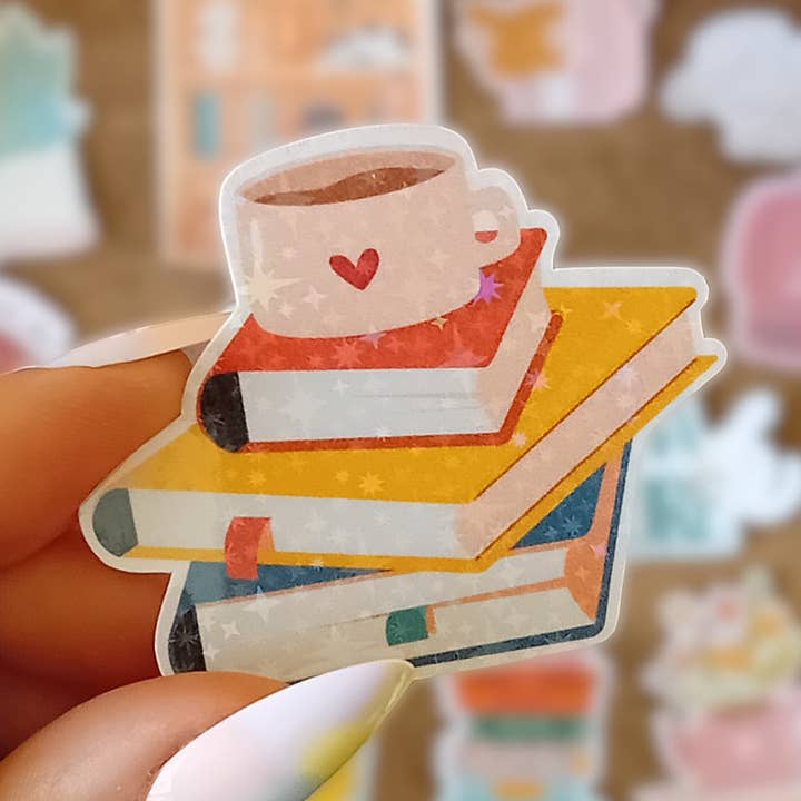 Pegatina Holográfica Libros y Taza de Té Impermeable para venta al por mayor de La baleine qui embosse