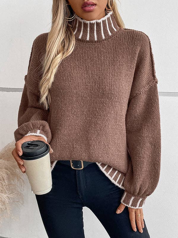 Sheer Trend – Engroshandel Pullover - Dame – Lange ærmer Løs kontrastfarve Split-joint Pullovere med høj hals Sweatertoppe5