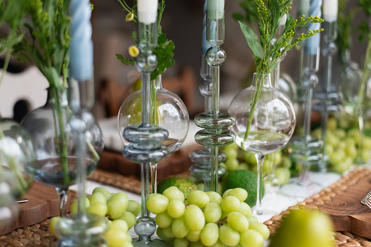 etúHOME - Vendita all'ingrosso Portacandele - Coppia di candelabri in vetro, medi, salvia4