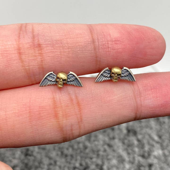 S925 Sterling Silver Winged Skull Gothic Stud Earrings - GT for wholesale by Mio Queena