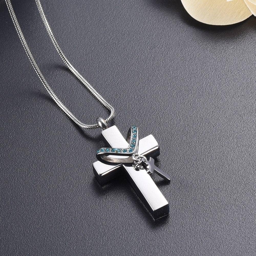 Cherished Emblems – wholesale Pendant/charm necklace – Silver Cross & Rhinestone Rosary Cremation Urn Necklace1