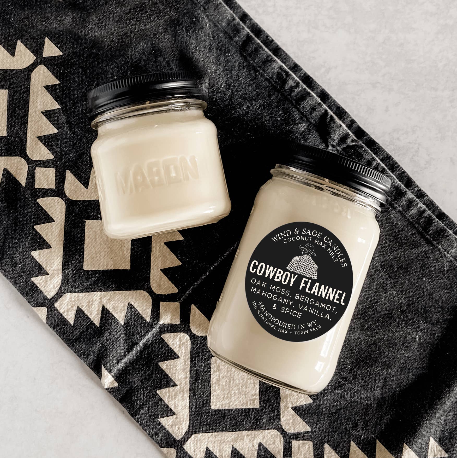 Wind & Sage - Wholesale Jar/Filled Candle - Cowboy Flannel Mason Jar Candle, 100% Natural Wax
