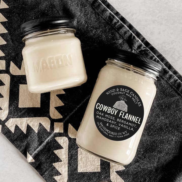 Wind & Sage - Wholesale Jar/Filled Candle - Cowboy Flannel Mason Jar Candle, 100% Natural Wax0