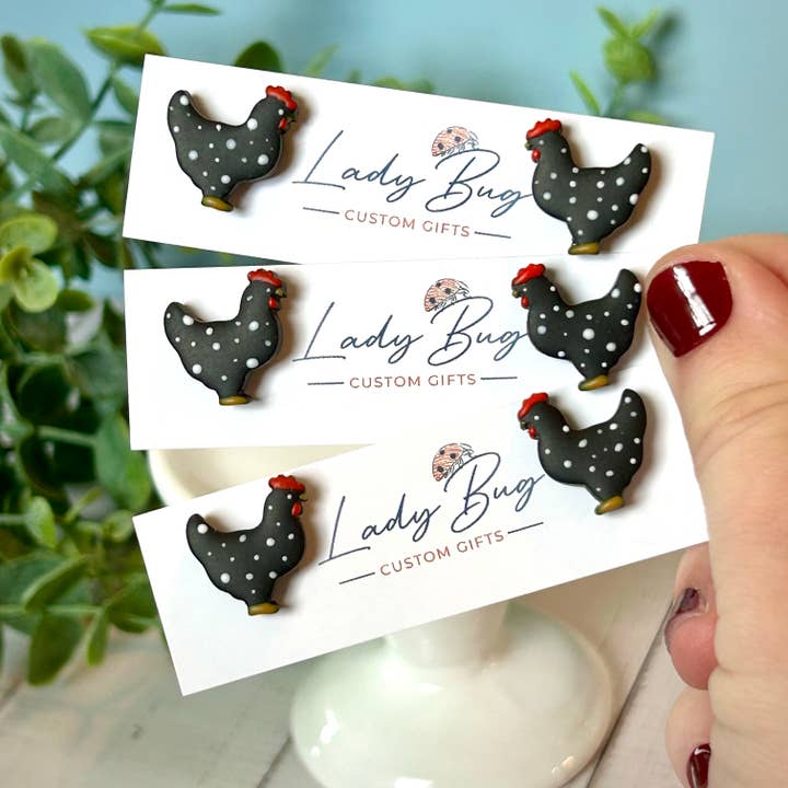 Chicken Stud Earrings – Polka Dot Farm Animal Clay Studs for wholesale by Lady Bug Custom Gifts