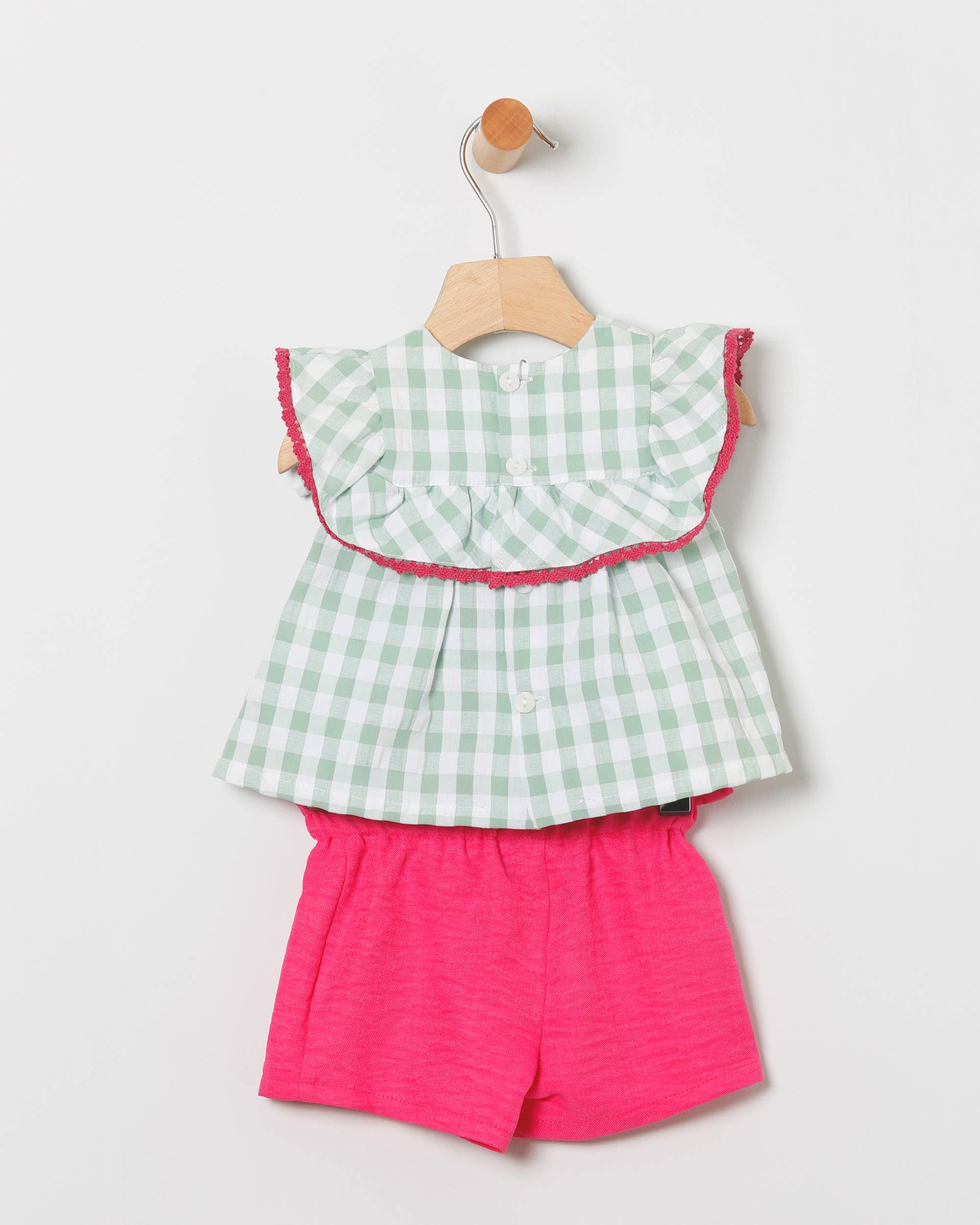 COCO ACQUA – Conjunto de top e calções – criança por atacado – Conjunto Infantil Feminino Blusa Vichy Verde e Shorts Fúcsia com Laço1